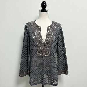 Boston Proper Gray Gold Studded Open Diamonds Plunging V Neck Bell Long Sleeve